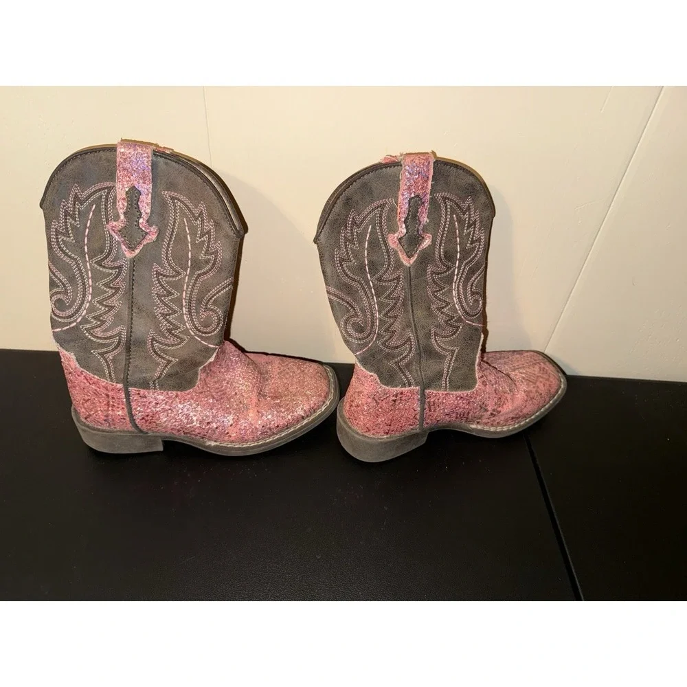 Roper Girls Pink Glitter Western Cowgirl Boots Brown Square Toe Pull On